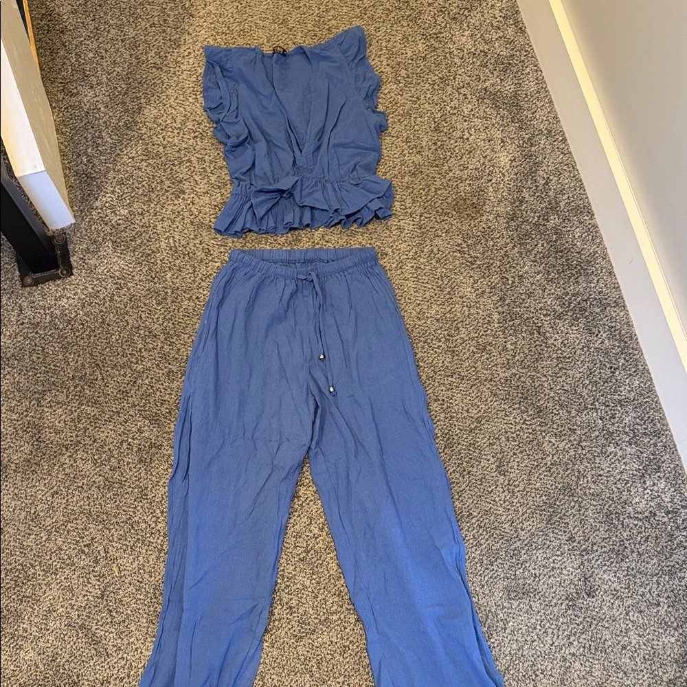 Fancyinn Blue Ruffle Crop Top & Wide Leg Drawstring Pants Set